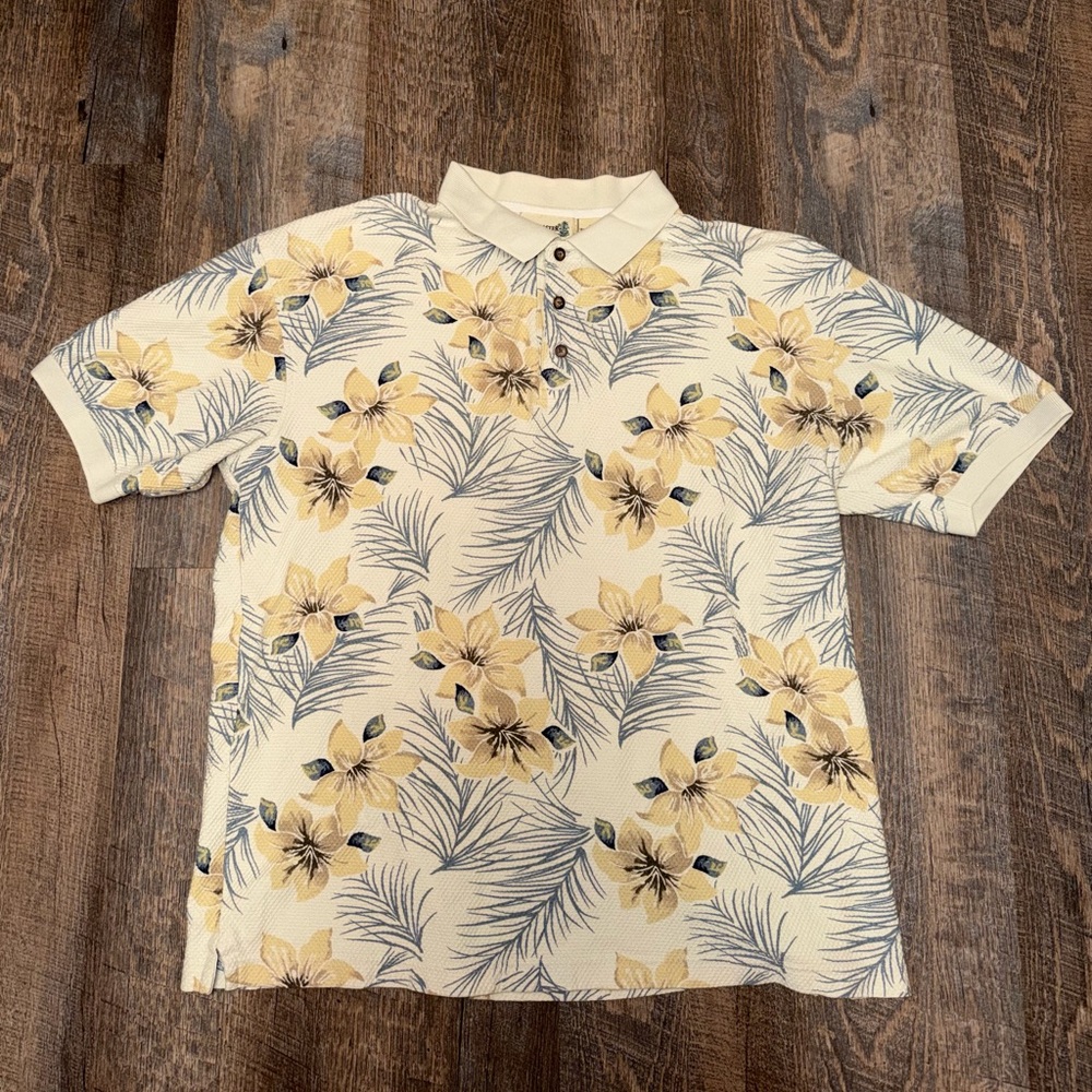Vintage Men's Floral Cream Polo with Yellow Bloom Print